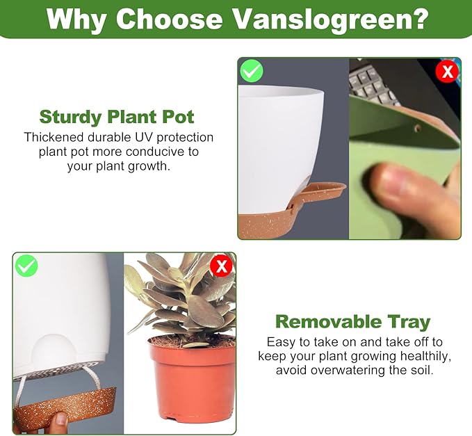 Flower Pots, 8/7/6.5/6/5.5/5 Inch Self Watering Planters for Indoor Outdoor Plants with Drainage Hole, Plastic Planters for House Plants(White)