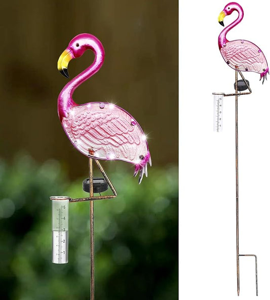 LEWIS&WAYNE 43’’ Solar Flamingo Rain Gauge Outdoor Decorative Metal Stake LED Lights with Glass Tube Solar Pathway Lights for Garden, Yard, Patio, Lawn Decor
