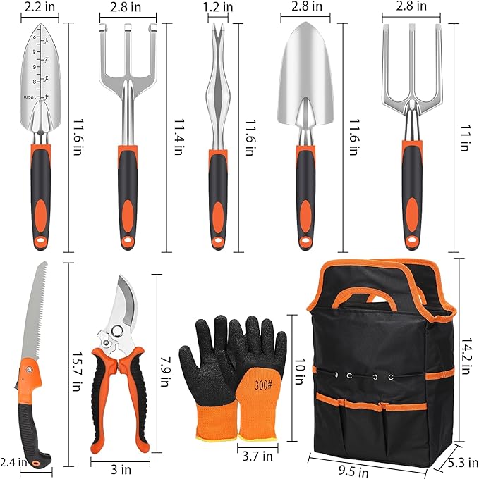 Garden Tool Set, 9 Piece Garden Tools with Non-Slip Rubber Grip with Large Garden Bag, Hand Tools for Gardening, Gardening Tools for Women Men (Orange)
