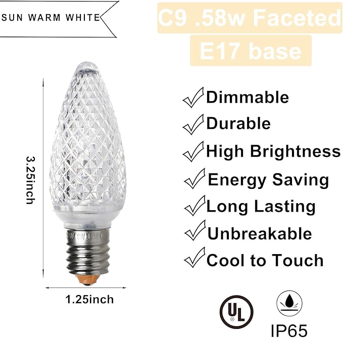UL IP65 Set of 25 E17 C9 Sun Warm White Led Christmas Lights Replacement Bulbs, Waterproof Dimmable Colored Bulb for Christmas Decoration, Commercial Grade C9 LED Lights(Sun Warm White)
