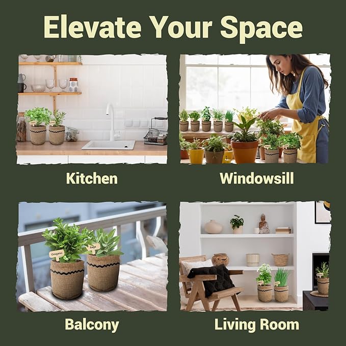 10 Herb Garden Planter Indoor Kit, 44pcs Complete Kitchen Herb Starter Set Including Burlap Pots, Markets, Soil Discs, Gardening Tools, Unique Easter/Birthday/Christmas Gift Ideas for Women, Mom
