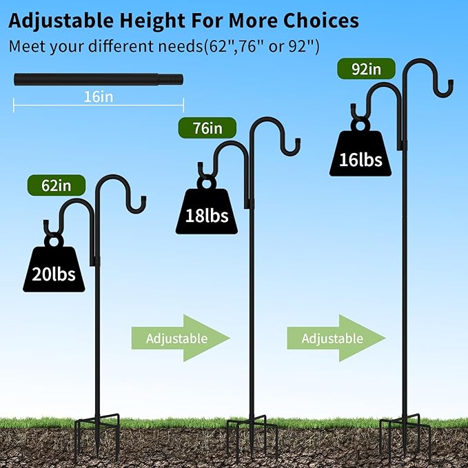Double Shepherds Hooks for Outdoor, Bird Feeder Pole with 5 Prongs Base, Heavy Duty Garden Hook for Lantern, Wind Chime and Hummingbird Feeder, 76 Inch, 2 Pack