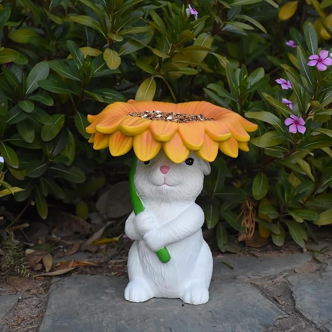 Solar Garden Decor Bunny Garden Statue Easter Decorations Outdoor Resin Sunflower Rabbit Statue with Bird Feeder Patio Decor Bunny Figurines with Lights Yard Decorations Easter Gifts for Women