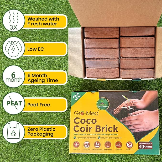 Gro-Med Coco Coir Brick 10s Pack – 1.4 lb Each,Expands to 100 Quarts, Enriched with NPK, Organic Potting Soil Mix for Plants,Seed Starting,Herbs,Flowers and Ideal Reptile Bedding for Snakes &Terrarium