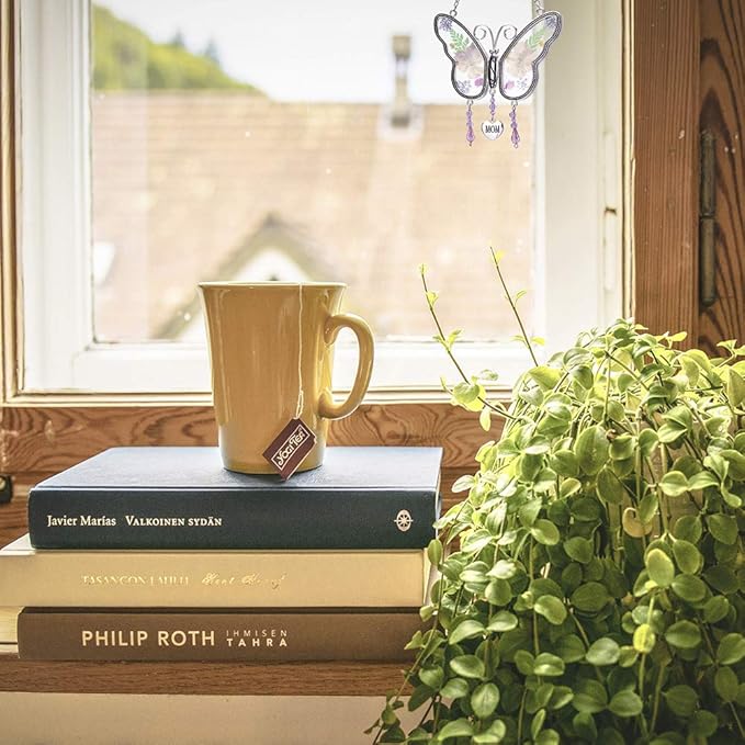 Laraine Butterfly Suncatcher with Pressed Colourful Flower Wings Mom Mother's Day Butterfly Glass Wind Chime Ornament Charm with Metal Heart Gifts for Mom Grandma Birthday (Yellow Mom)