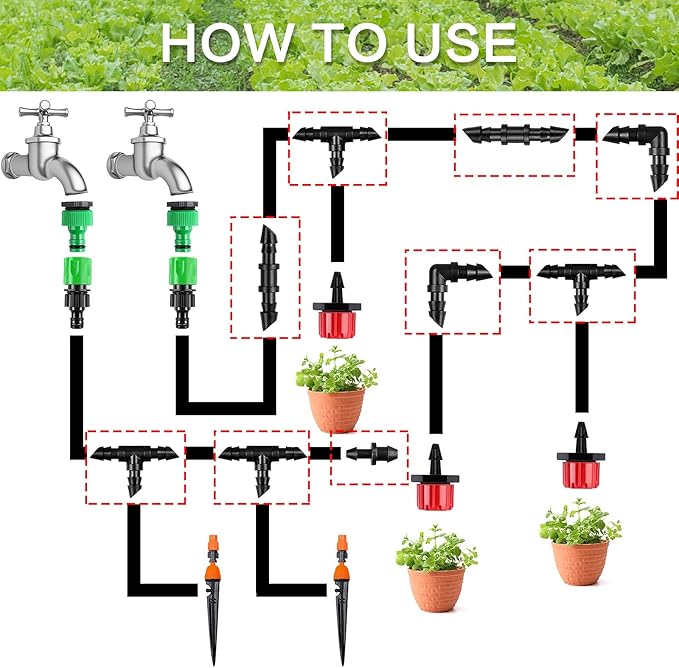 120 Pack Drip Irrigation Fittings Kit - Barbed Connectors for 1/4" Tubing,Includes 50 Couplings,40 Tees, 20 Elbows and 10 End Plugs for Drip or Sprinkler Systems