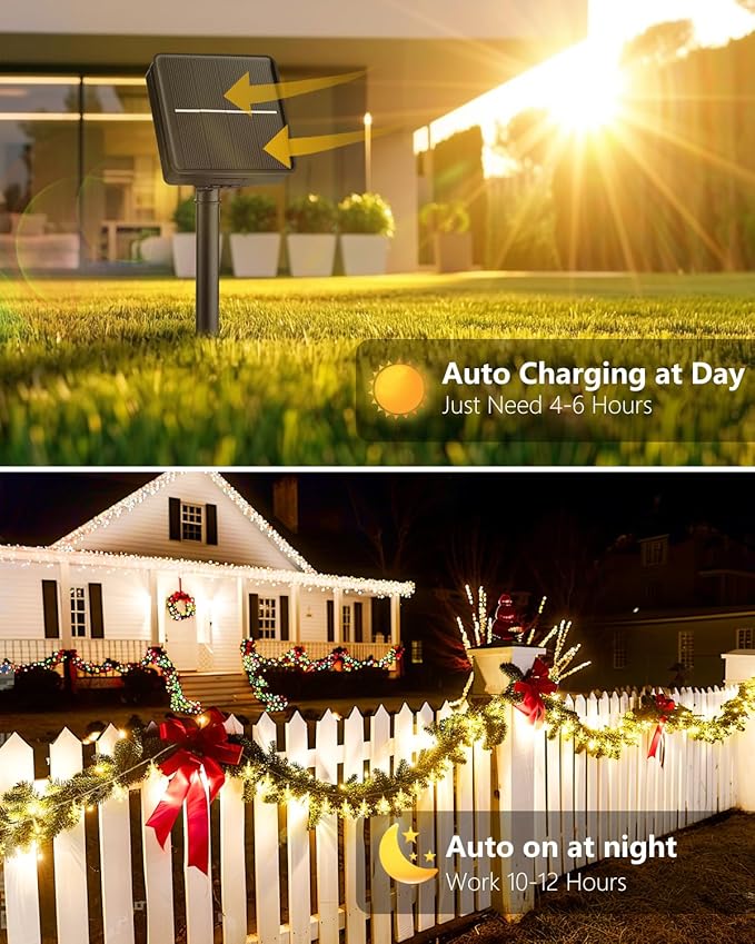 Brightown Solar Christmas Snowflake String Lights, 72FT 200 LED Outdoor Waterproof Fairy Lights with 8 Lighting Modes for Wedding, Party, Tree, Room, Garden, Patio, Yard, Home, Warm White