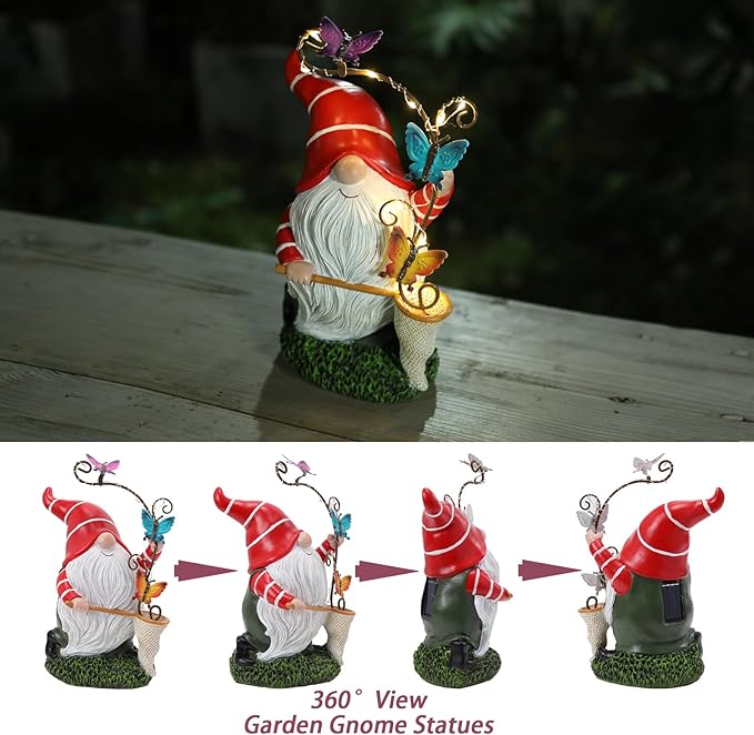 Garden Gnome Statue, Solar Funny Gnomes Figurine Catching Butterflies with LED Lights Waterproof Resin Outdoor Decor for Patio Lawn Yard Home Tabletop Decoration