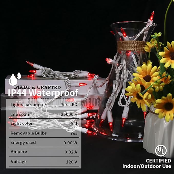 Red LED Christmas Lights - 35 Count Red Christmas String Lights for Small Tree, Crafts, Bedroom, Wedding, Indoor and Outdoor Valentines Day Decorations, 11 Feet White Wire, UL Certified, Connectable