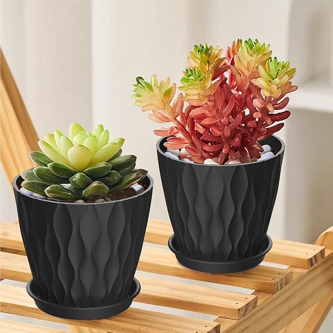 6 Pack 4 Inch Small Plant Pots with Saucers, 3D Textured Plastic Planters with Drainage Holes for Indoor and Outdoor Plants, Flowers, Herbs, Succulents, and Seedlings,Blue