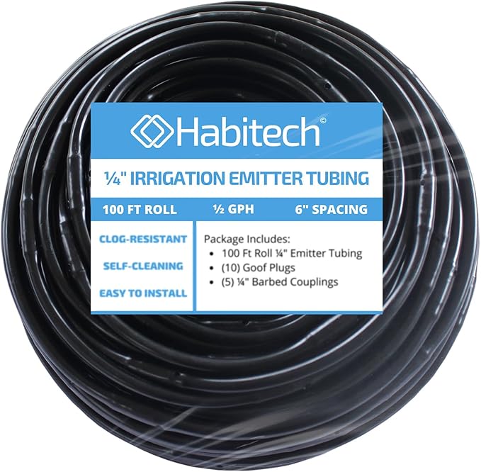 1/4" Irrigation Dripline Tubing (100 Ft Roll) - 6" Emitter Spacing - 1/4" Drip Irrigation Fittings Included