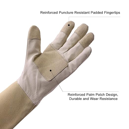 HLDD HANDLANDY Long Sleeve Leather Gardening Gloves,Rose Pruning Floral Gauntlet Garden Gloves For Women and Men (Small, Beige)