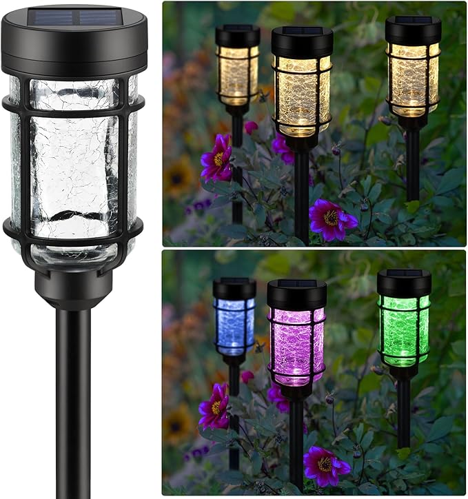 Solar Pathway Lights 8 Pack, Color Changing+Warm White LED Solar Lights Outdoor, Waterproof Solar Crackle Glass Stake Lights for Garden Path Walkway Backyard Lawn Landscape Decoration