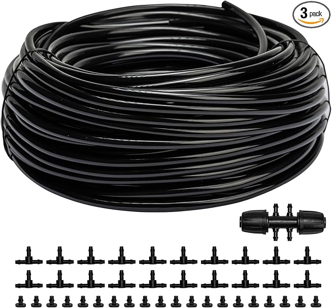 100FT 1/4 inch Drip Irrigation Tubing Distribution Hose Tube for Garden Irrigation System (Includes 1 pack 6-Way Connector and 20pcs 1/4" Tee Splitters and End Plugs)