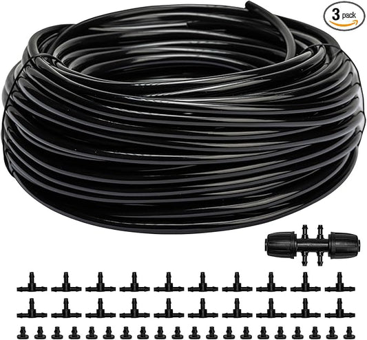 100FT 1/4 inch Drip Irrigation Tubing Distribution Hose Tube for Garden Irrigation System (Includes 1 pack 6-Way Connector and 20pcs 1/4" Tee Splitters and End Plugs)