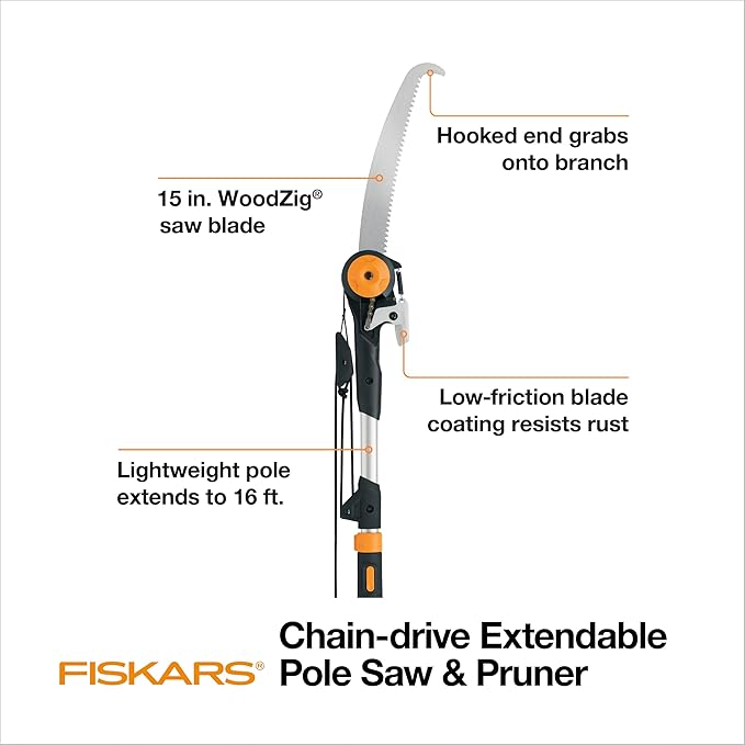 Fiskars 7-16 ft. Extendable 2-in-1 Pruner and Pole Saw For Tree Trimming, Tree Trimmer with Chain-Drive for Cutting Branches up to 1.25" Diameter with More Power, Garden Tools