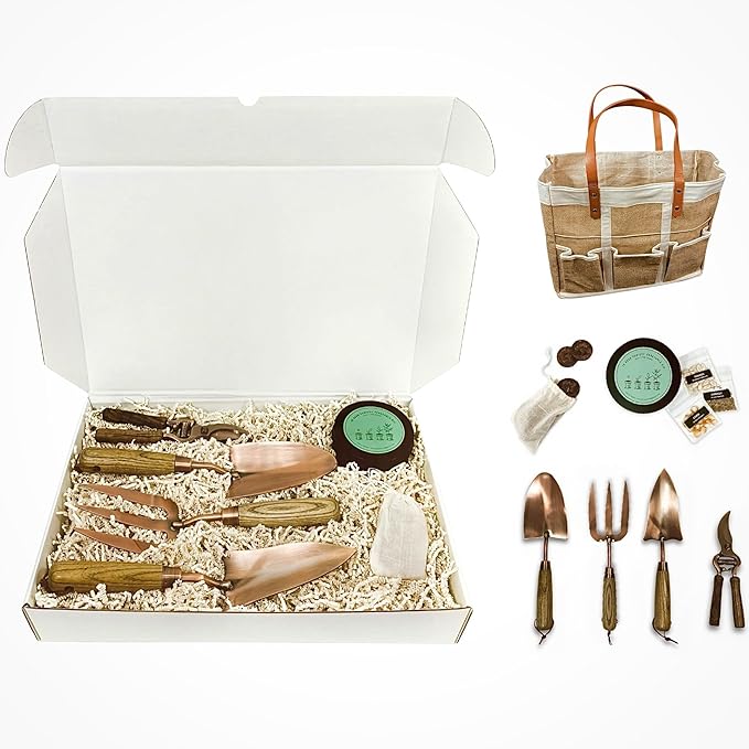 Premium Gardening Tools Gift Set, Over 1,700 Non GMO Vegetable Seeds, Copper Steel Tools for Planting, Garden Tool Kit for Women with Handbag and Coco Coir Soil Pellets, Birthday Gift Box