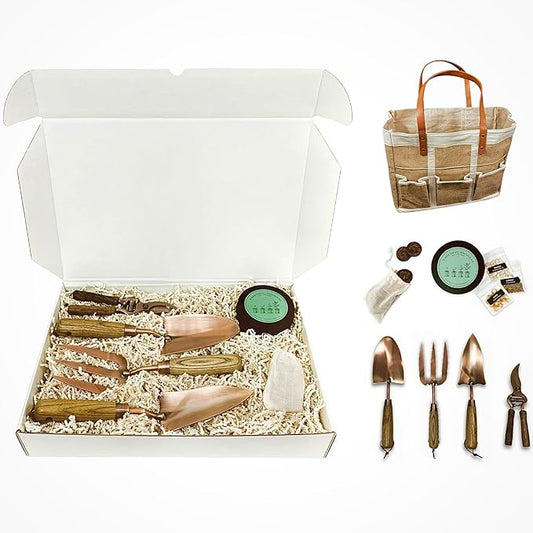 Premium Gardening Tools Gift Set, Over 1,700 Non GMO Vegetable Seeds, Copper Steel Tools for Planting, Garden Tool Kit for Women with Handbag and Coco Coir Soil Pellets, Birthday Gift Box