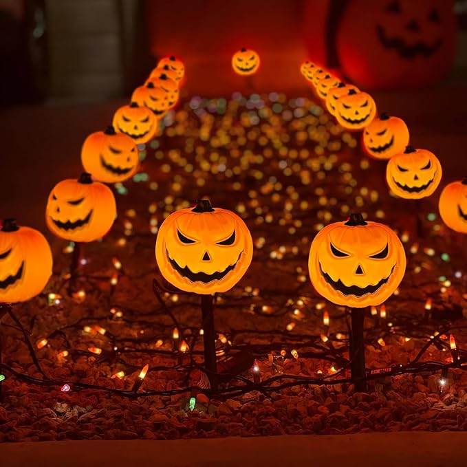 4 Pack Halloween Smiley Pumpkin Pathway Lights, 7Ft LED Decorative Outdoor String Lights Plug in With 4 Jack O Lantern Stakes for Garden Yard Walkway Party Decor