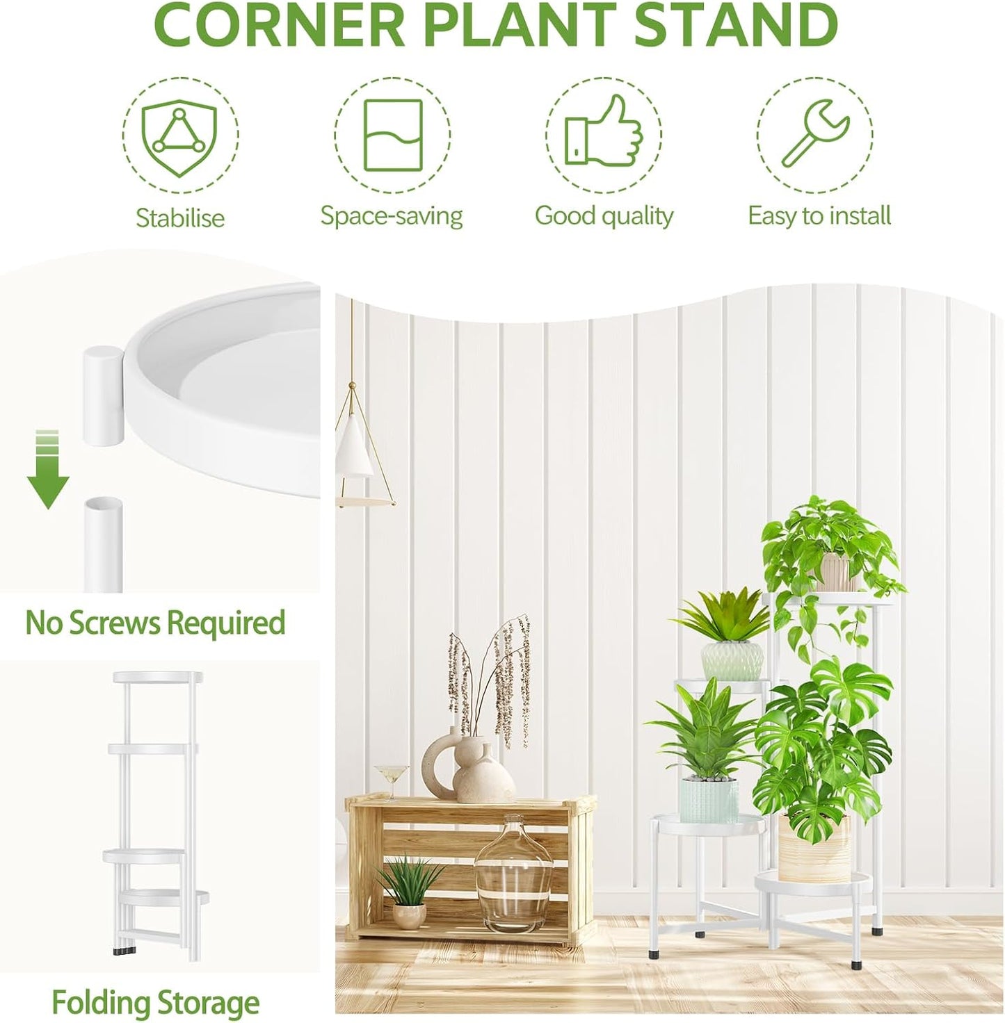 iDavosic.ly 4 Tier Large Plant Stand Indoor, 10 Inch Wide Tall Corner Metal Plant Stands Outdoor for Multiple Plants, Folding Tiered Flower Display Holder Rack Shelf, White