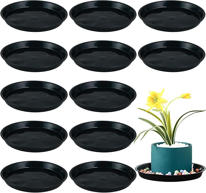 12 Pack Bottom 6 Inch Plant Saucers for Indoors Outdoors Plastic Plant Water Catcher Trays No Holes Round Flower Pot Drip Trays for Pots Base Heavy Duty Plant Pot Saucers Water Drainage Trays, Black