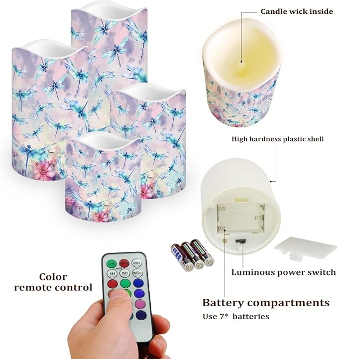 Ystardream Beautiful Dragonfly Flameless Candles Battery Operated with Timer, Remote Control, LED Flashing Candle Sets, Warm Color Flickering Candles Light for Party Room Table Decor Set of 2