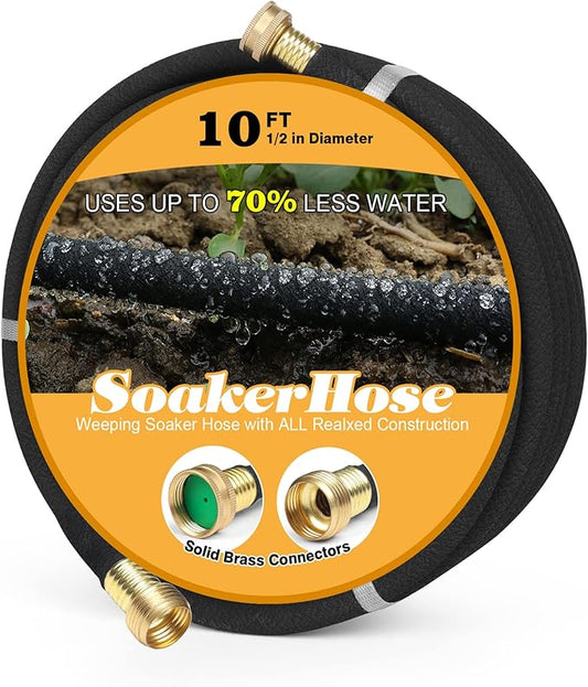 Soaker Hose 10 ft for Garden Beds, Solid Brass Interface Irrigation Save 70% Water Heavy Duty Rubber 1/2" Diameter Great for Gardens/Flower Beds