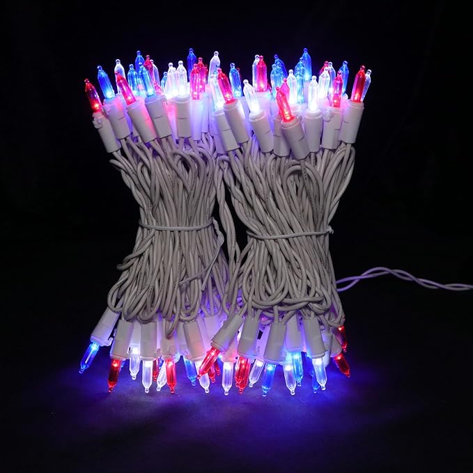 Red White and Blue Christmas LED Lights - 2 Pack 100 Count 4th of July Mini String Lights for Tree, Party, Memorial Day Decorations, 2 Sets 33 Feet White Wire, UL Certified, Connectable