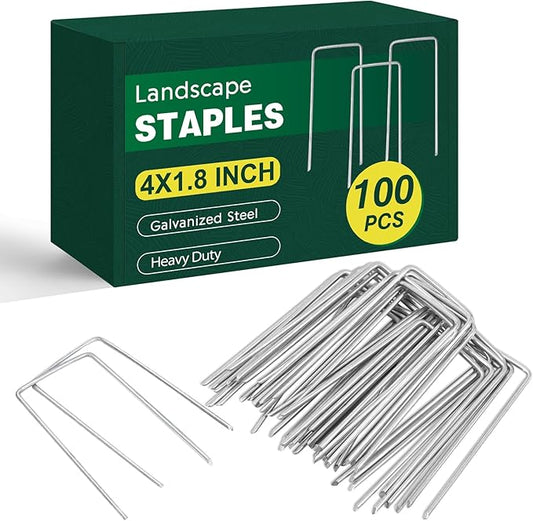 CEWOR 100 Pack Landscape Staples 4 Inches, Galvanized Garden Stakes Landscape Staples Fabric Pins Lawn Stakes for Barrier Fabric, U-Type Heavy Duty