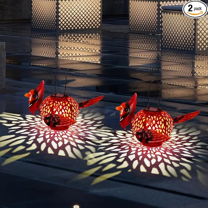 2 Pack Cardinal Solar Lanterns Outdoor Hanging with Handle, Metal Tabletop Solar Lanterns Outdoor Waterproof, LED Light Solar Lantern for Table Pathway Patio Yard Christmas Gifts