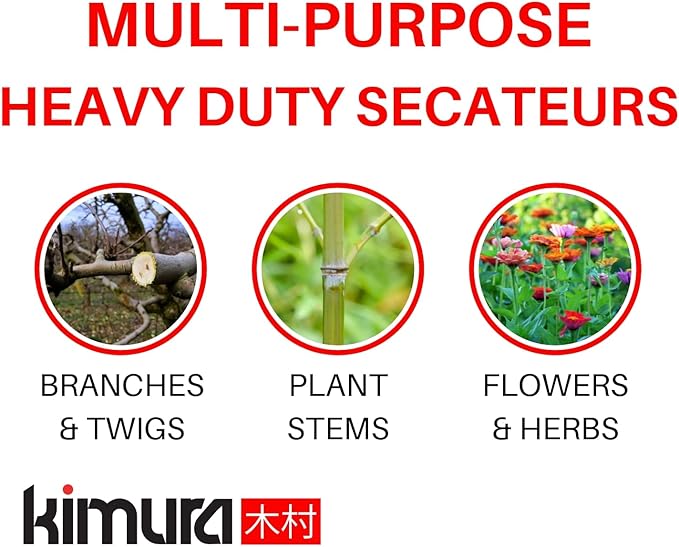 Kimura® 8" Samurai Garden Pruning Shears, [Made in Japan], Heavy Duty Premium Japanese Yasugi Steel Blades, Non-Slip Vinyl Coated Handles, Ergonomic, Japanese Bypass Pruning Shears