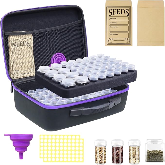 104 Slots Seed Storage Organizer with 20 Seed Envelopes, Portable Seed Organizer Box with Zipper Bag Label Stickers, Seed Storage Container 1 oz 5 oz for Flower Plants Garden (104 Jars)