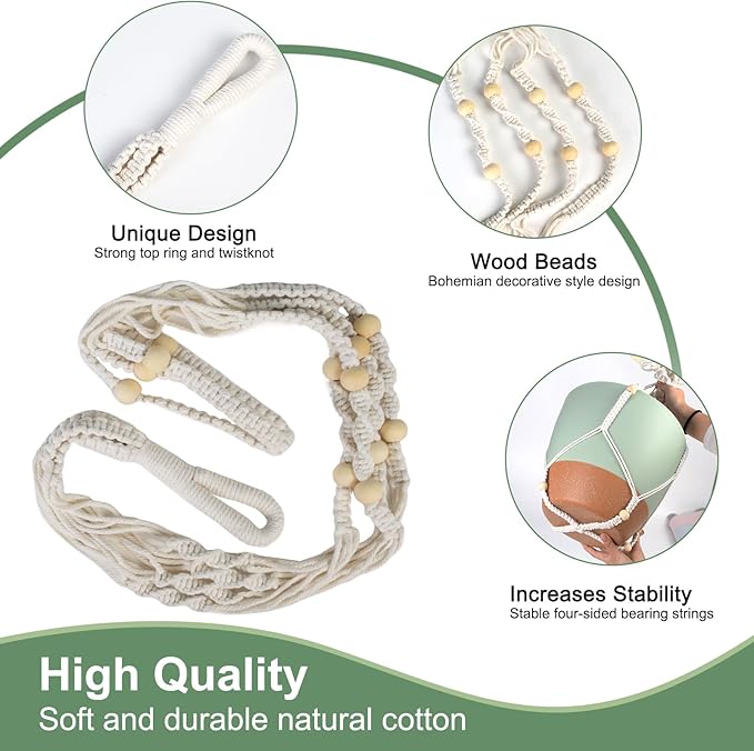 41.5 Inch Macrame Plant Hanger Indoor Outdoor with 12 Inch Flower Pot, Hanging Planter for Plants Holder with Wood Beads for Boho Home Decor (Ivory+Green)