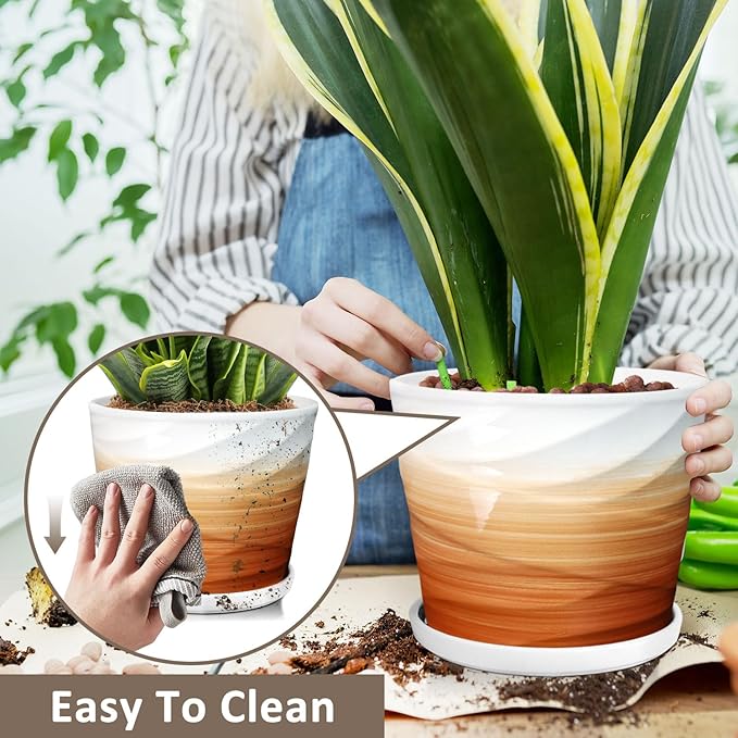 8 Inch Plant Pot, Ceramic Planter with Drainage and Saucer, Ceramic Pots for Plants, Indoor Plant pots,Ceramic Flower pots，Modern Planter(Khaki + White)