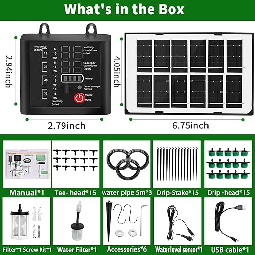 Solar Automatic Watering System Indoor Outdoor, 50Ft Plant Waterer for 15 Potted Plants, Automatic Drip Irrigation Kit with Watering Timer(12 Mode), Anti-Siphon, Solar Power & USB Rechargeable