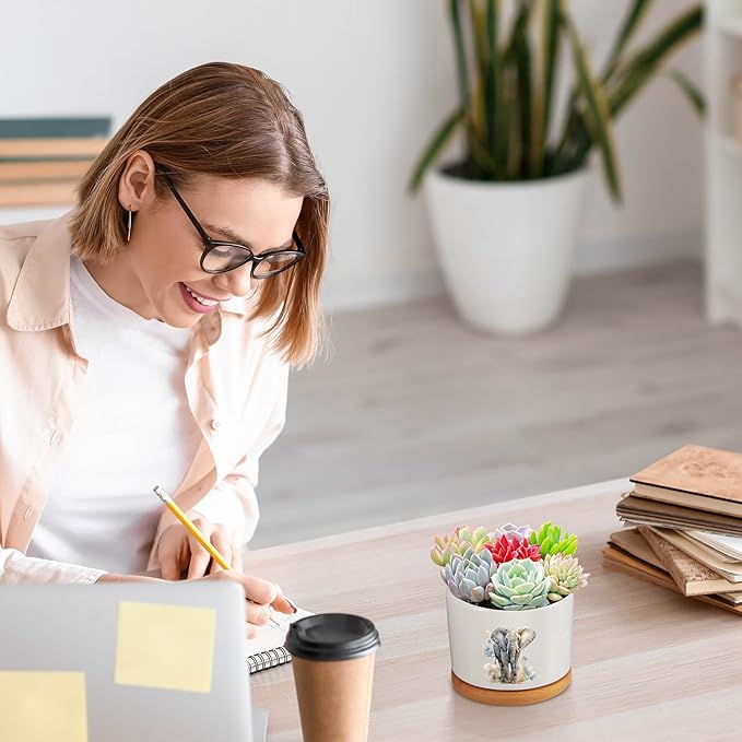 3 Pcs Elephant Decor Gift for Christmas Women Planter Ceramic Gift Animal Plant Pot with Bamboo Tray for Office Home Farm House Bathroom Kitchen Decorations (No Plants Included)