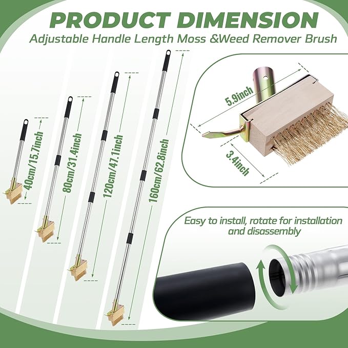Tandefio Crack Weeder with 2 Weed Brush Heads, Long Manual Crevice Weeding Tool, Manual Weeder Moss Weed Remover Puller Tool Grout Brush with Steel Handle for Deck Paver Patio Walkway Driveway Wall