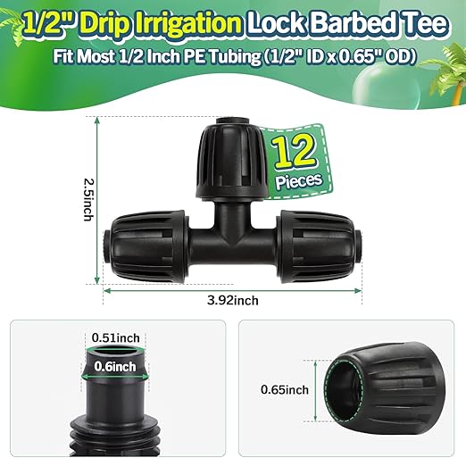 12 Pack Drip Irrigation Tee Fittings for 1/2 Inch Drip Tubing(1/2" ID x 0.65" OD), Anti-drop Barbed 1/2'' Drip Line Tee Connectors with Locked Nut for Garden Irrigation System Connection