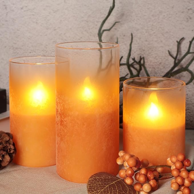 Orange Flameless Candles - Battery Operated Candles with Remote Orange Glass Sandblasted Design Wax Unscented - Centerpieces for Dinner Table Tray House Warming Thanksgiving Gifts
