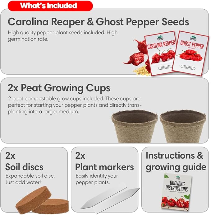 Carolina Reaper Ghost Pepper Grow Kit - All in One Starter Grow Kit - Grow The Hottest Peppers Garden Grow Kit Seeds Included