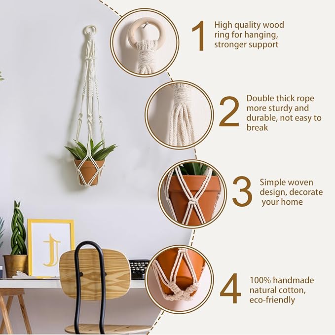 Artilady Plant Hanger Indoor Macrame Hanging Planters for Plants Holder Boho White Basket No Tassels Farmhouse Rustic Window Wall Decor