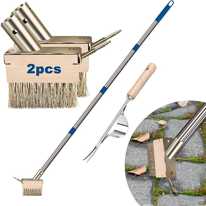 mcwdoit Crack Weeder Tool, Crevice Weeding Moss Brush with 2 Heads&Scraping Hook, A Hand Puller Tool, Moss Remover with Steel Handle for Cleaning Paving Joint Paver Sidewalk Patio Stone Driveway Deck