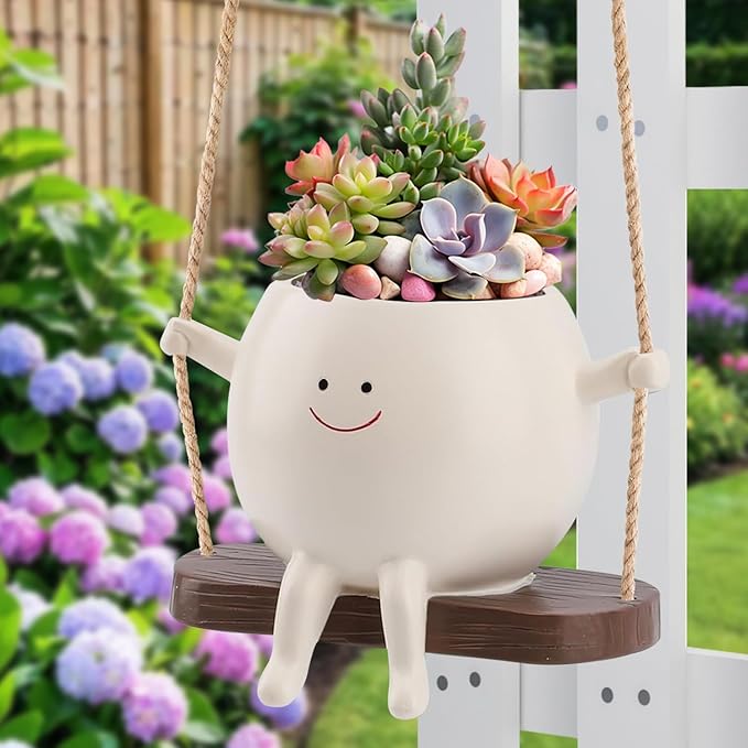 Swing Face Planter Pot, Hanging Planters for Indoor Plants, Cute Pot, Hanging Planter, Hanging Pots for Plants Indoor, Hanging Pot for String of Pearls Plant Live,Resin Succulents Plants Pot