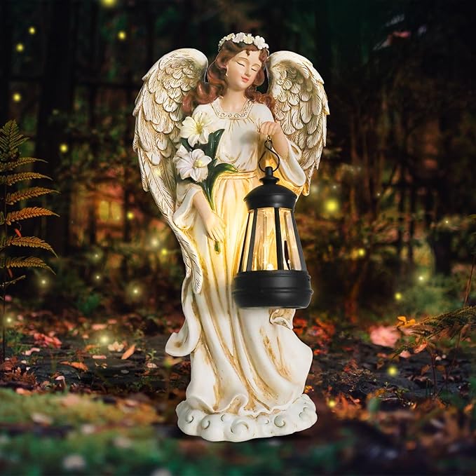 Solar Angel Outdoor Decor Garden Statues – 13.2 inches Angel Figurines Outdoor Sculptures with Solar Lantern for Outside Yard Art Patio Balcony Front Lawn Ornaments Gifts for Mom Grandma Women