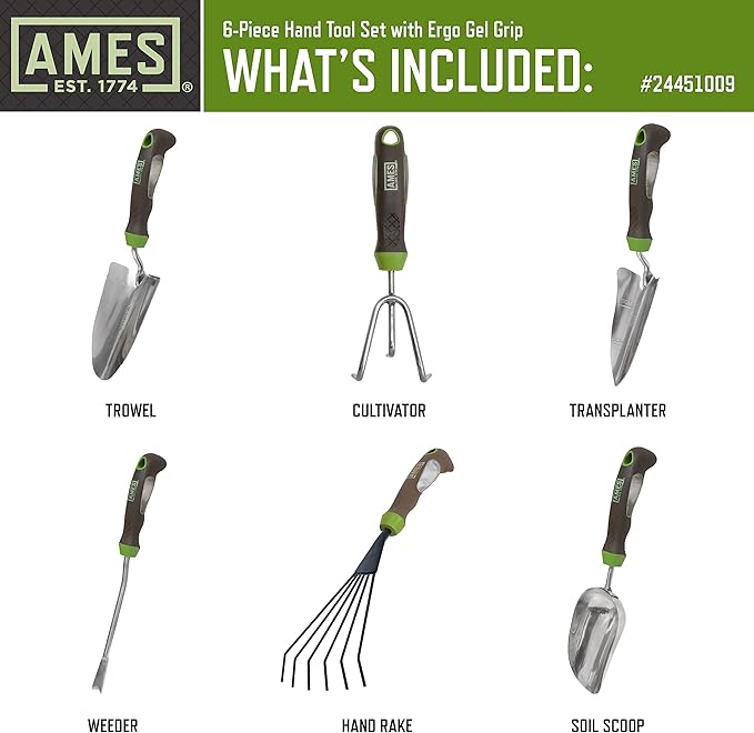 AMES 24451009 6-pc. Ergo Gel Grip Garden Tool Set with Hand Trowel, Weeder, Rake, Transplanter, Scoop & Cultivator
