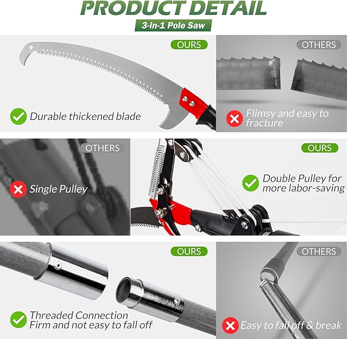 Walensee Pole Saws for Tree Trimming,7.2-27FT Extendable Tree Pruner,Manual Branch Timmer with Blade and Scissors High Branches Pruning Fiberglass Pole Pruner and Cutter Garden Tool with Storage Bag