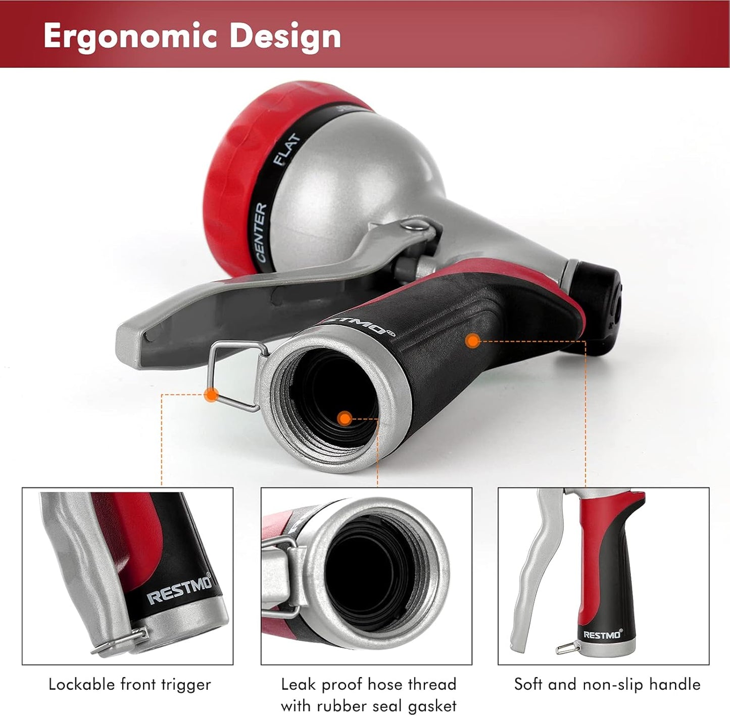 RESTMO Garden Hose Nozzle, Heavy Duty Metal Water Hose Nozzle with 7 Adjustable Spray Patterns, High Pressure Hand Sprayer with Flow Control, Best for Watering Plants & Lawns, Washing Cars & Pets, Red