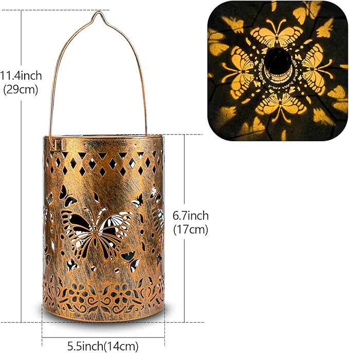 Solar Lanterns Outdoor Waterproof Butterfly Garden Decor Lantern Birthday Gifts for Women Mom Grandma, Hanging Lights Metal Decoration Outside for Yard, Patio, Backyard, Porch