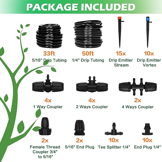 Drip Irrigation System：83FT Adjustable Irrigation Watering System for Garden Bed Greenhouse-Complete Drip Irrigation Kit with Mainline 1/4" Distribution Tubing Drip Emitters and Connectors