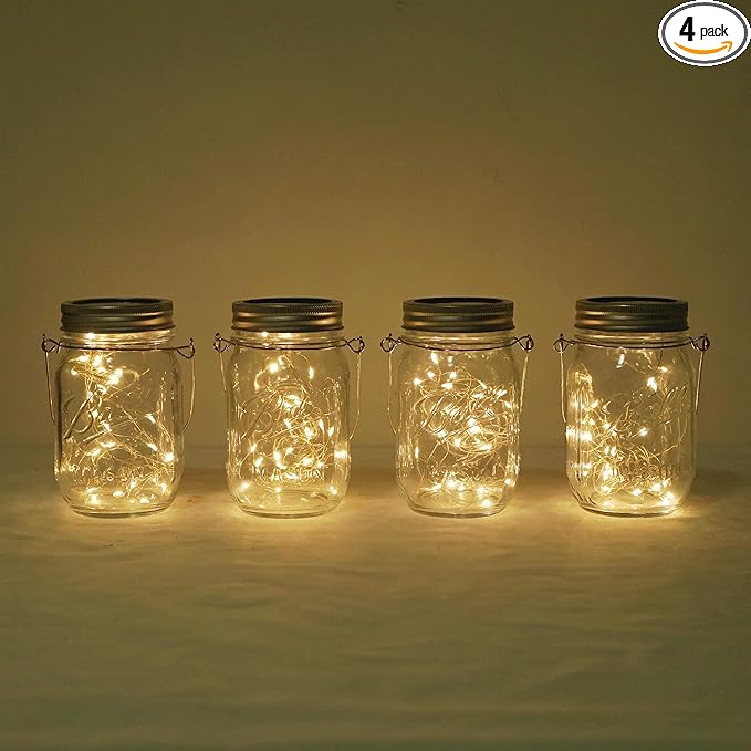 Decorman Solar Mason Jar Lights, 4 Pack 30 LED Fairy Star Firefly String Lids Lights with 4 Hangers for Patio Yard Garden Party Wedding Christmas Decoration(Jars Not Included) (4 Pack, Warm White)